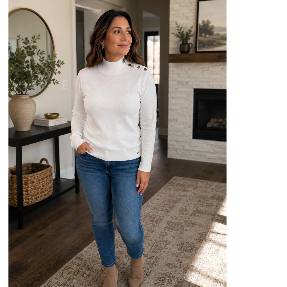 Calvin Klein White Mock Neck Button Shoulder Sweater SZ M Classic Preppy